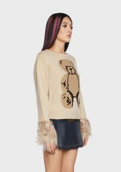 Basic Pleasure Mode Big Ted Fluffy Trim Jumper Knit Sweaters