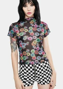 Jawbreaker Floral Rainbow Mesh Crop Top