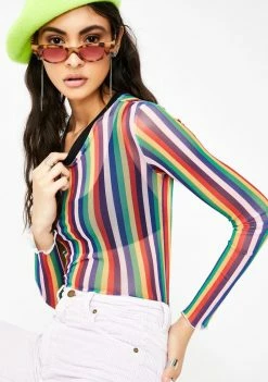 Jawbreaker Tops Vertical Rainbow Stripe Mesh Top
