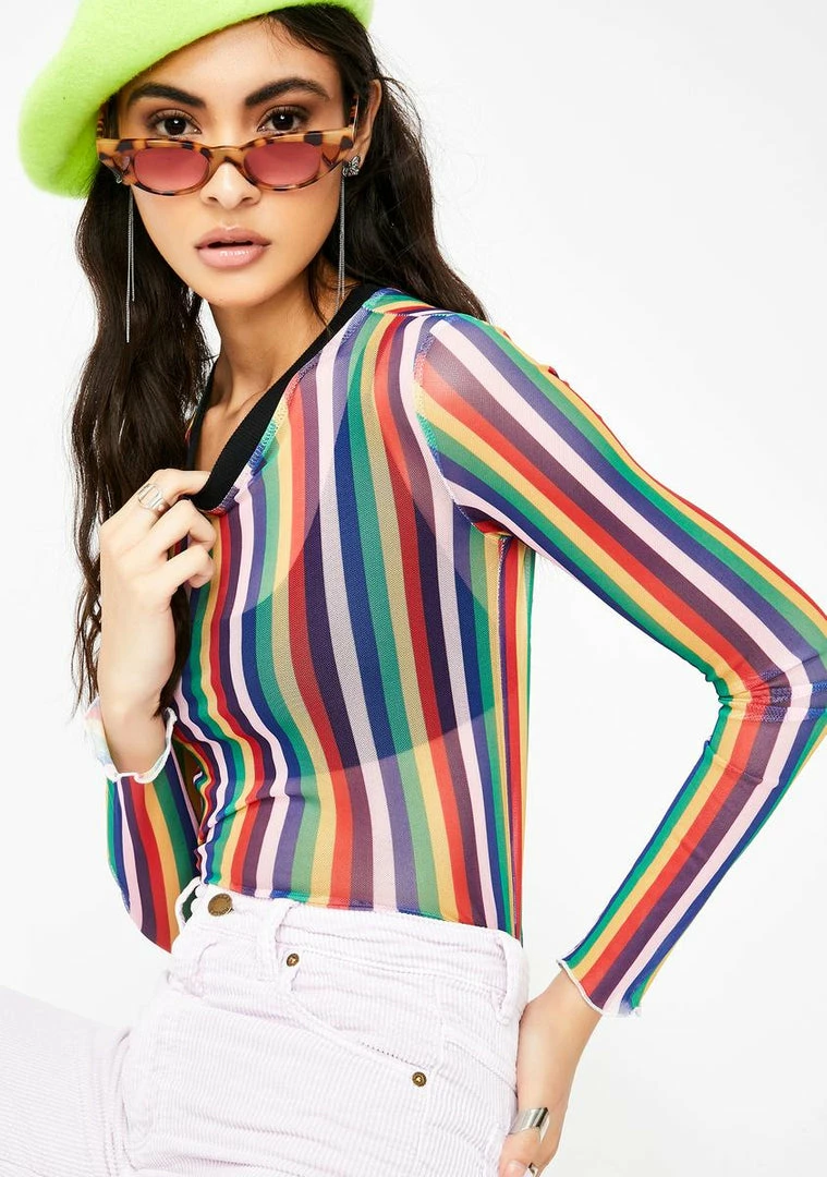 Jawbreaker Tops Vertical Rainbow Stripe Mesh Top