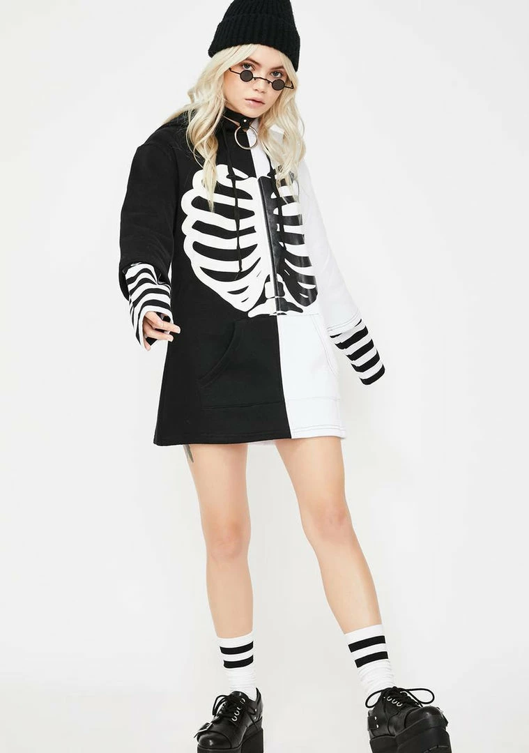 Jawbreaker Oversized Skeleton Rib Two-Tone Hoodie Tops
