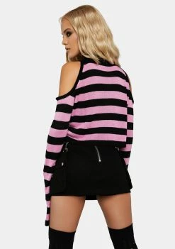 Jawbreaker Oversized Striped Cold Shoulder Crop Sweater