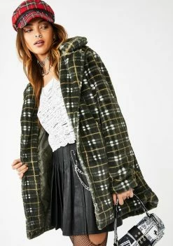 Jawbreaker Grunge Plaid Faux Fur Coat