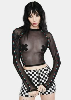 Jawbreaker Tops Mesh Crop Top With Rainbow Piping