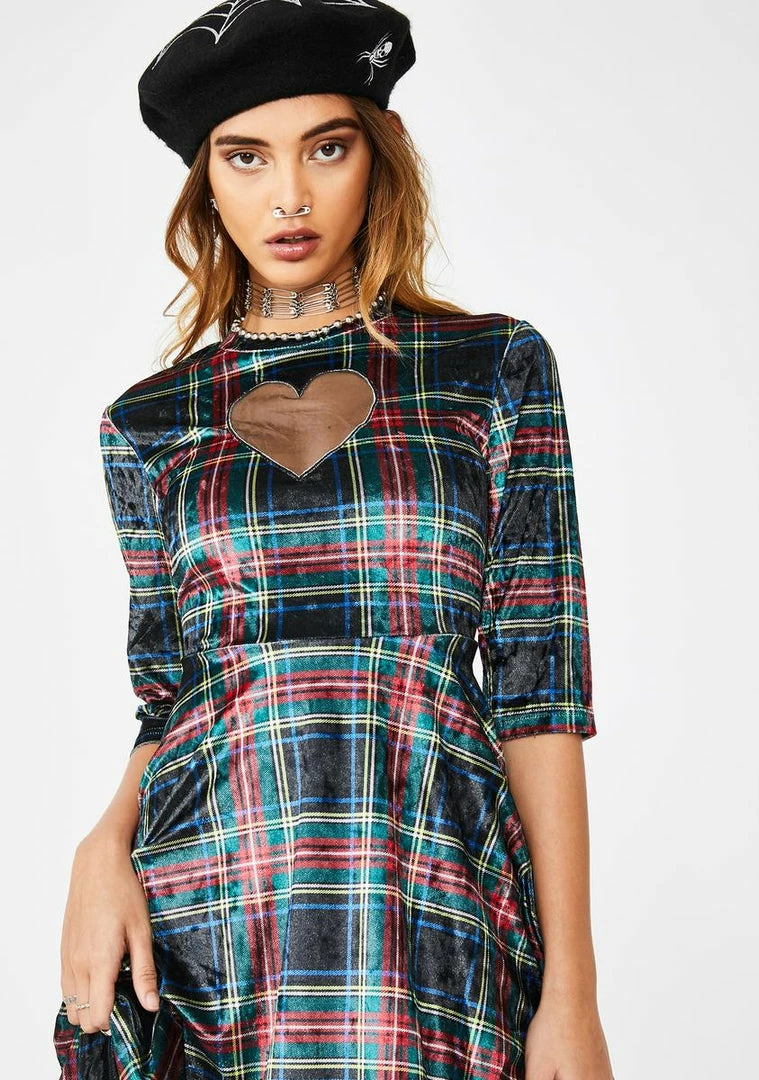 Jawbreaker Velvet Tartan Cut Out Mini Dress