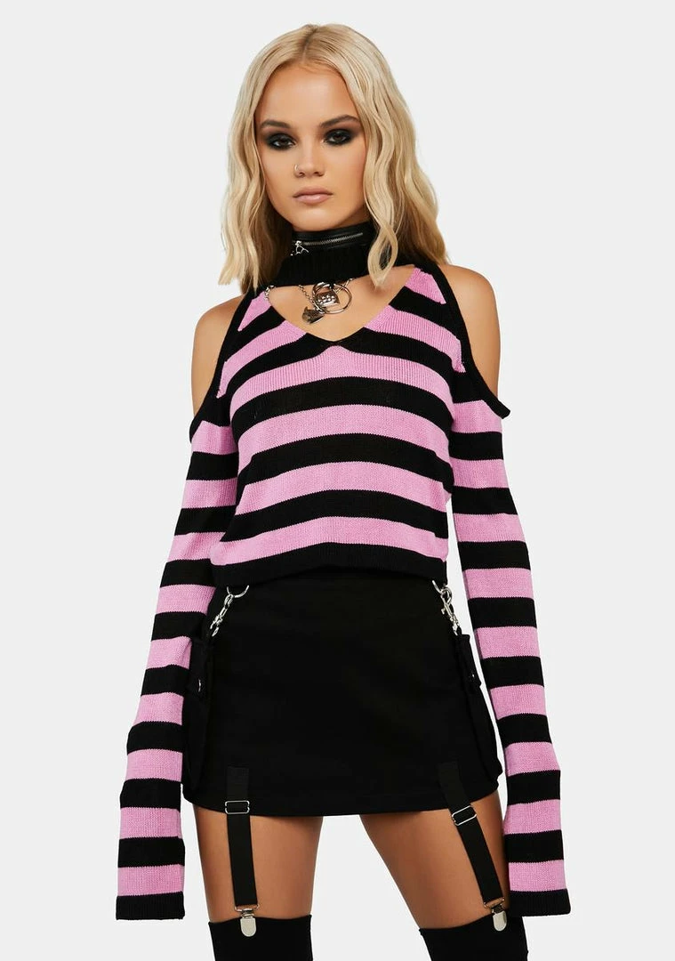 Jawbreaker Oversized Striped Cold Shoulder Crop Sweater