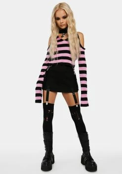 Jawbreaker Oversized Striped Cold Shoulder Crop Sweater