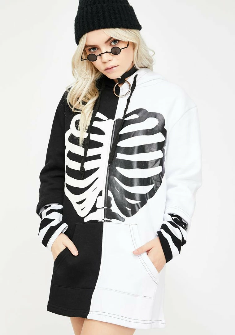 Jawbreaker Oversized Skeleton Rib Two-Tone Hoodie Tops