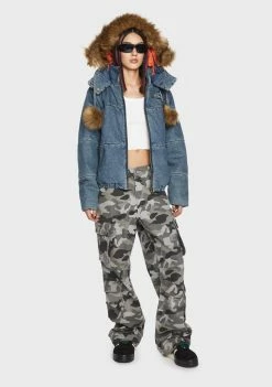 Basic Pleasure Mode Mega Denim Pom Pom Jacket Puffer Jacket