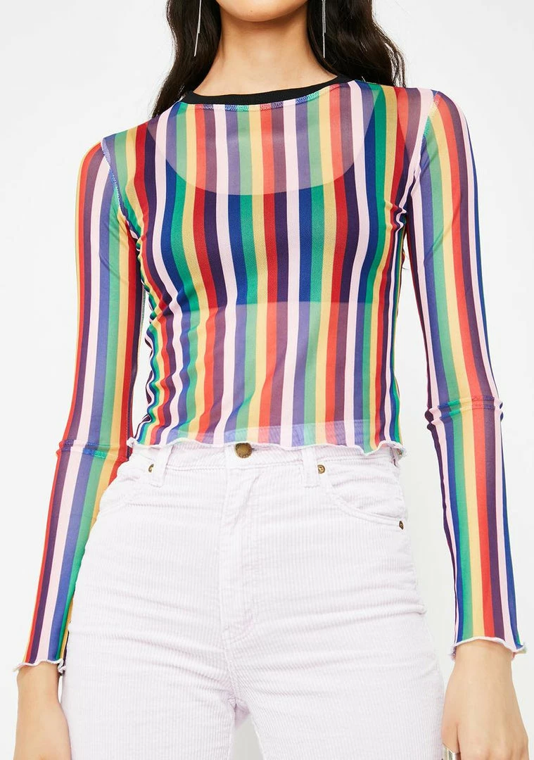 Jawbreaker Tops Vertical Rainbow Stripe Mesh Top