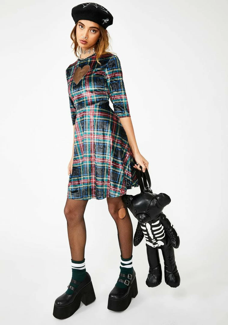 Jawbreaker Velvet Tartan Cut Out Mini Dress