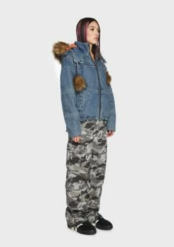 Basic Pleasure Mode Mega Denim Pom Pom Jacket Puffer Jacket