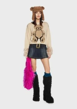 Basic Pleasure Mode Big Ted Fluffy Trim Jumper Knit Sweaters