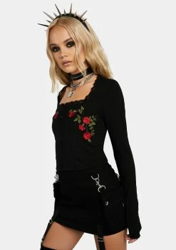 Jawbreaker Tops Night Rose Embroidered Top