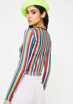 Jawbreaker Tops Vertical Rainbow Stripe Mesh Top
