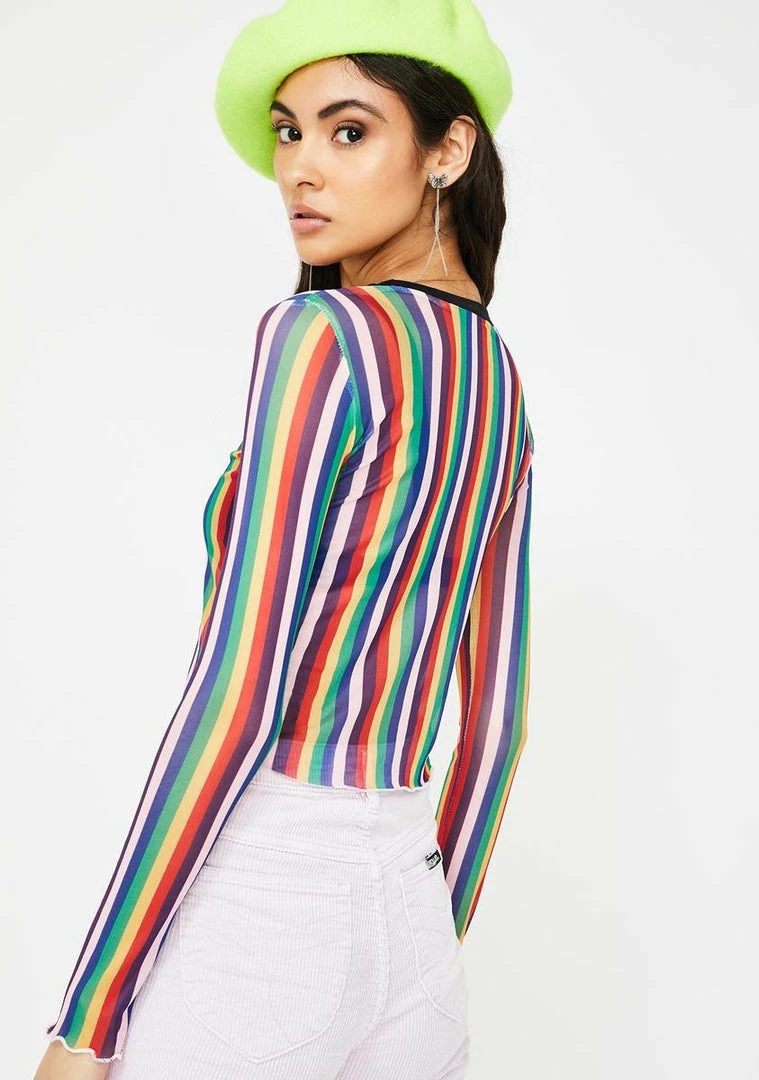 Jawbreaker Tops Vertical Rainbow Stripe Mesh Top