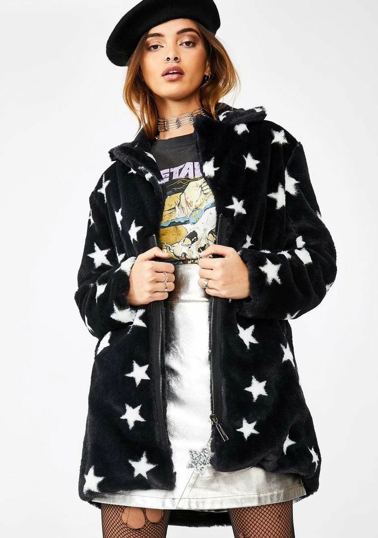 Jawbreaker Star Print Faux Fur Jacket Outerwear