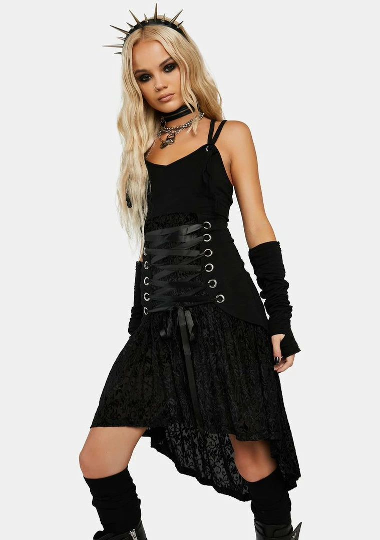 Jawbreaker Little Black Dresses Laced Up Dress W/ Velvet Devore Underlayer