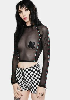 Jawbreaker Tops Mesh Crop Top With Rainbow Piping